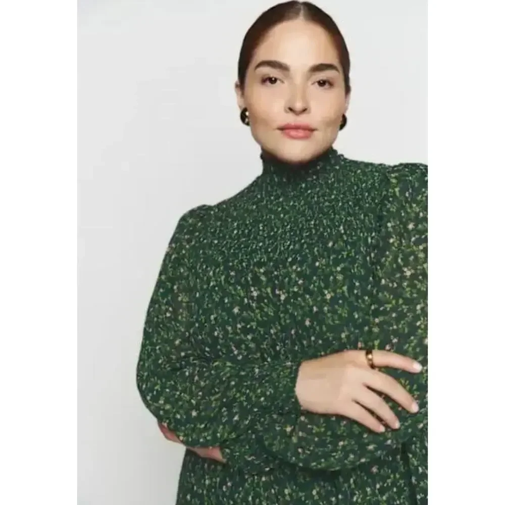 Reformation Brandi Mock Neck Mini Dress S in Coriander Green Floral - Picture 2 of 13